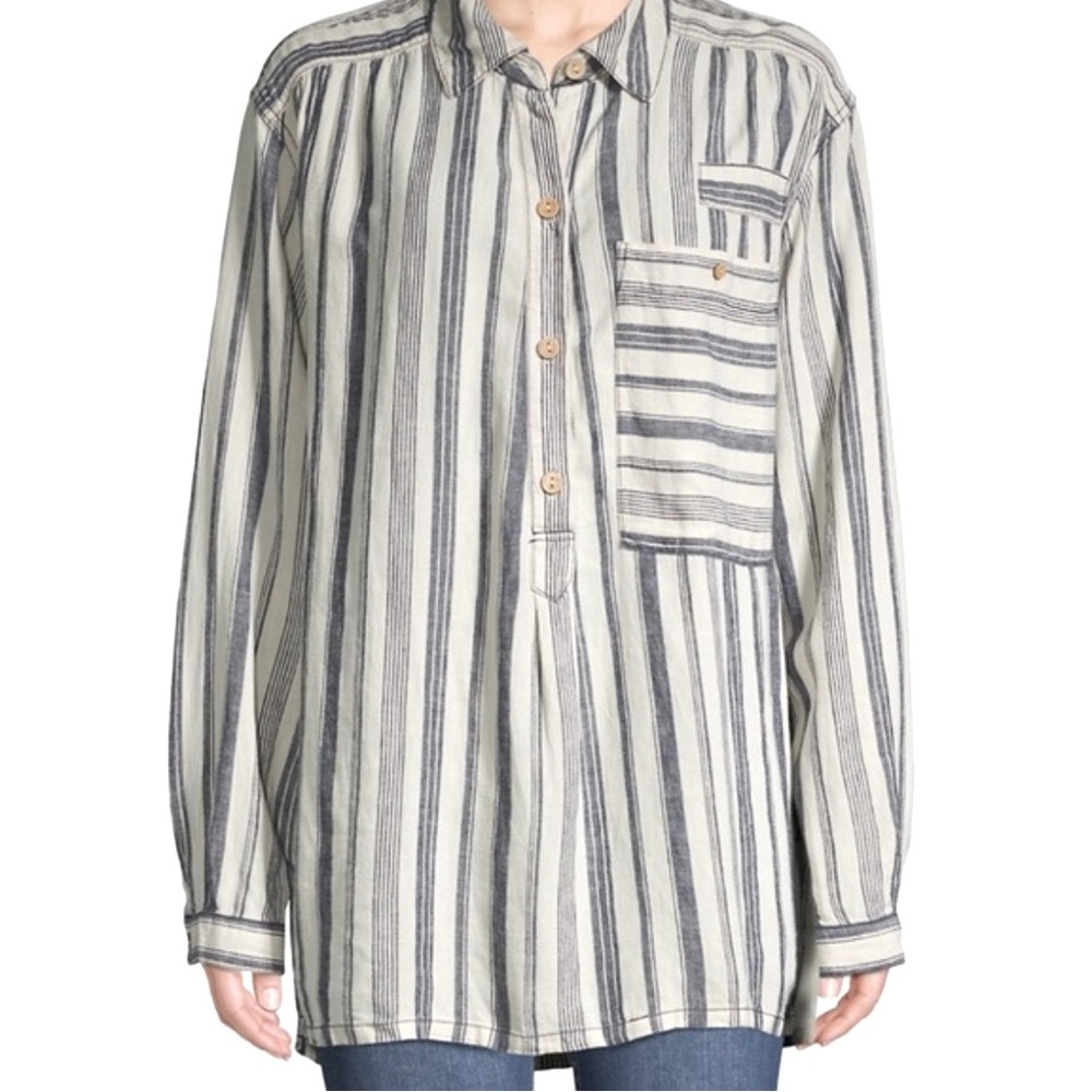 FREE PEOPLE - We The Free Blue And Cream Striped Linen-Blend Blouse Size Medium - Picture 4 of 12